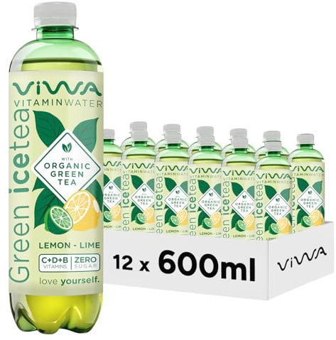 VIWA VITAMIN WATER Té Helado Verde Bebida Refrescante Cero Azúcar con Vitaminas C, D y B. Sabor Lima y Limón, 600ml, Pack de 12, Green Tea