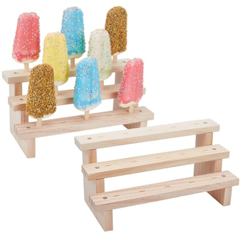 OLYCRAFT 2 Set Wood Ice Cream Pop Stand 3 Tier Wooden Cake Pop Display Stands 15 Holes Ice Cream Dessert Stand Wood Rectangle Cake Shelf Display Ice Cream Storage Rack for Wedding Birthday Party