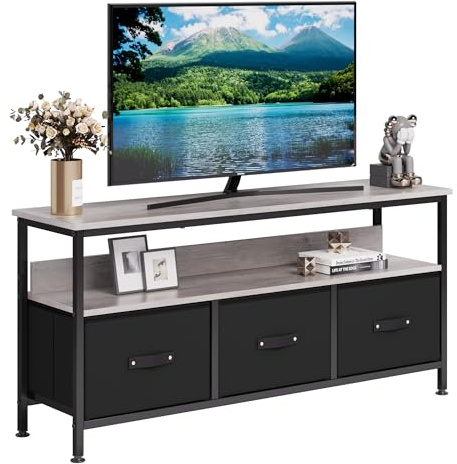 Niwugady Mueble para TV de hasta 55 pulgadas - Armario para TV con 2 compartimentos abiertos y 3 cajones - Mesa de TV para salón y dormitorio - 120x57x30cm - Gris Negro