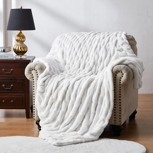 R.SHARE Couverture douillette de canapé, moelleuse, en peluche, douce et chaude, pour lit, canapé, chambre à coucher, bureau, 150 x 200 cm, blanche