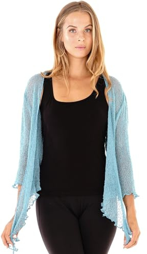 NetSetUK Women’s Fish Net Tie Up Shrug 3/4 Sleeve Fine Knitted Ladies Bolero Shrug Top Jacket Cardigan One Size Ice Blue