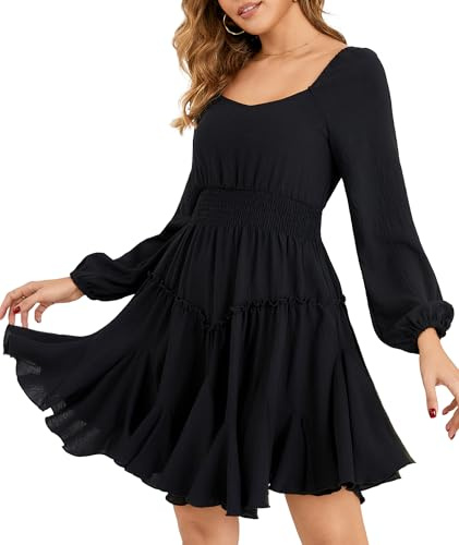 Beluring Tunika Kleider Damen Elegant Langarm Freizeitkleider Quadratischer Ausschnitt A Linie Party Mini Kleid Schwarz XL
