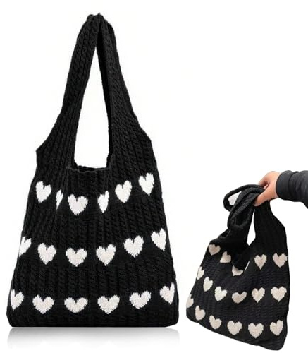 Crochet Tote Bag, Women Knitted Handbags, Mesh Beach Bag, Beach Bag for Women, Retro Crochet Mesh Beach Tote Bag, Boho Shoulder Bag for Holiday Daily Work Shopping Travel(Black+White)