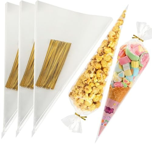 300 stycken Cone påsar, BetterJonny godispåsar spritpåsar presentpåsar med 300 gyllene band transparent cellofanpåsar godispåsar för choklad popcorn marshmallow, 13 x 25 cm