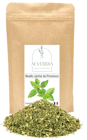 ALVENDIA - Véritables Basilic séché de Provence - Parfait pour la Cuisine - Cultivée en Provence - Paquet de 200 Grammes
