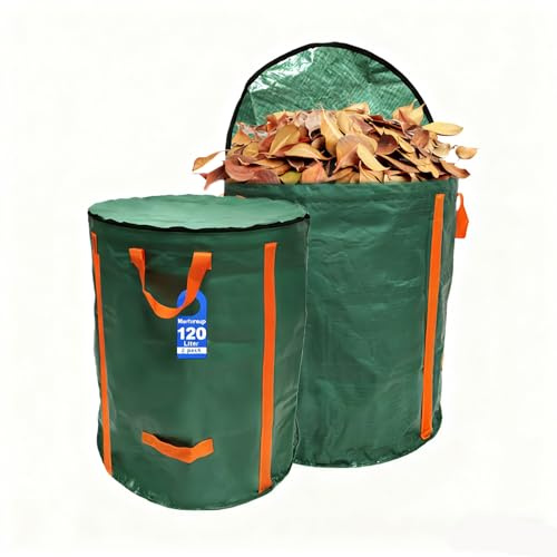 2x Gartenabfallsack 120L mit Deckel, Selbststehend durch 4 Fiberglas Stützstangen, Wiederverwendbar & Faltbar, Wasserdicht & Reißfest, Belastbar bis 65kg, Für Gartenabfälle & Grünabfälle
