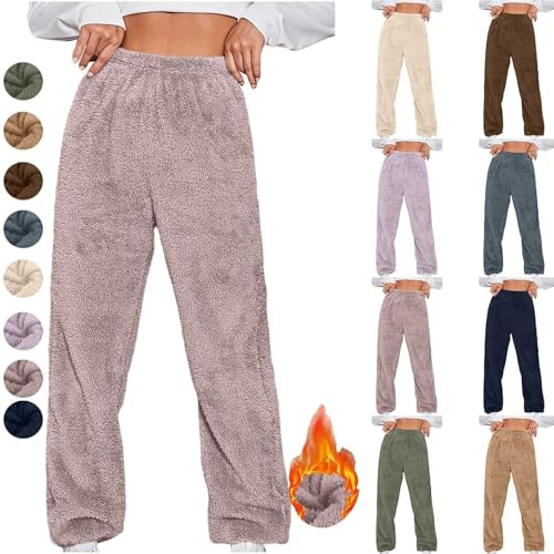 Generisch Winterhose Damen Warm, Teddyhose Lang Fleecehose Plüsch Hose Outdoor Jogginghose Pyjamahose Fleece Schlafanzughose Thermohose Einfarbige Yogahose Bequem Loungewear Freizeithose