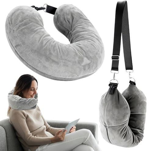 XXHUO Stuffable Neck Pillow For Travel, Neck Cushion Stuffable With Clothes airplane pillow Travel Pillow With Adjustable Straps For Adults Travel Extra Luggage Essentials Long Flights Grey