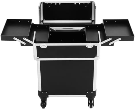 Valigetta trucco professionale con carrello, trolley make up con ruote, valigetta estetista in alluminio per unghie e cosmetici, grande capacità, robusta e multiuso, colore nero