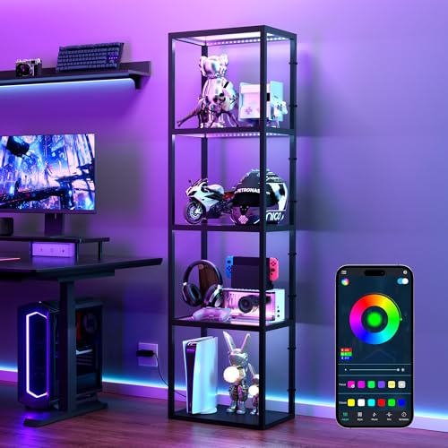 RIXGLEAM RGB Vitrinenschrank mit 4 Ebenen, Glasregale, App-/Fernbedienung, Musik-Sync-Licht, dimmbare LED-Stehlampe, Schaukasten für Gaming-Zimmer, Sammelfiguren, Pflanzen, Kunst & Dekoration