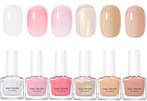 Jelly Nail Polish Set - 6Pcs Nude & Pink Quick Dry Nail Varnish Set – Long Lasting Nail Varnish Breathable - Natural Nail Polish for Women - Non-Toxic, Chip-Resistant & Easy to Apply