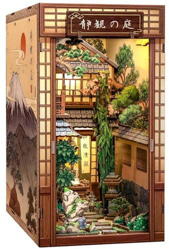 CUTEBEE Book Nook DIY-kit – Japansk Zen-trädgård med LED-ljus, Modellbygge i Trä, 3D-pussel för Vuxna, Hyll-dekoration & Unik Present (Serene Courtyard)