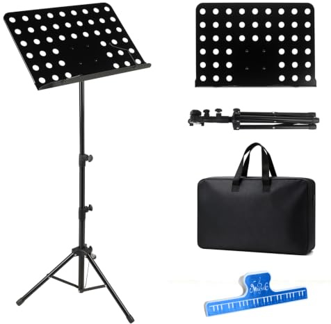 Orchesterpult Lochblech Notenständer Stabiler faltbar, höhenverstellbar von 70cm bis 160cm Metall-Ständer, Notenpult für dicke Bücher, Tablets und Notenblätter mit Notenklemmen und Ablage, Schwarz