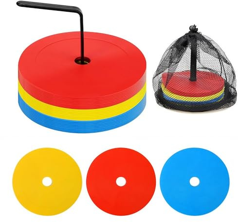 Lifegogo Markierungsscheiben Fußball Set 24er - 155mm mit Halter Tasche | Flache Markierungshütchen Trainingszubehör für Fußball Basketball Handball Hundetraining – Rot Blau Gelb