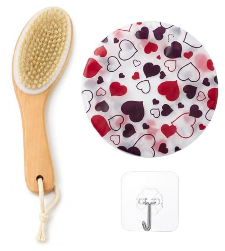 Spazzola per il corpo a secco con manico curvo, spazzola asciutta con setole naturali di cinghiale, bambù, design ergonomico per esfoliare e drenare linfatico, materiali sostenibili, con 1 cuffia da