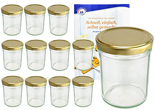 MamboCat 12er Set Sturzgläser 230 ml Hoch Deckelfarbe Gold to 66 inkl. Diamant Gelierzauber Rezeptheft, Marmeladengläser, Einmachgläser, Einweckgläser, Gläser