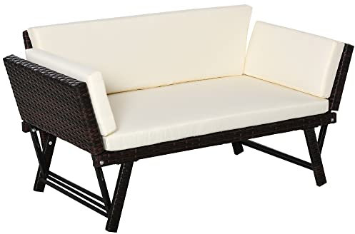 Outsunny Polyrattan Gartensofa 2 Sitzer Gartenmöbel Loungesofa Gartenbank Gartenliege klappbar Armlehnen Stahl Braun 129 x 63 x 67 cm