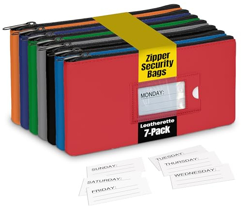 Better Office Products 7 Pack, 7 Days Zipper Security Bank Deposit Bag, Clear Window & 14 Insert Cards (Mon - Sun + Blank), Leatherette, 11.25 x 6.25, Cash Bag, Utility Pouch, Assorted 7 Colors