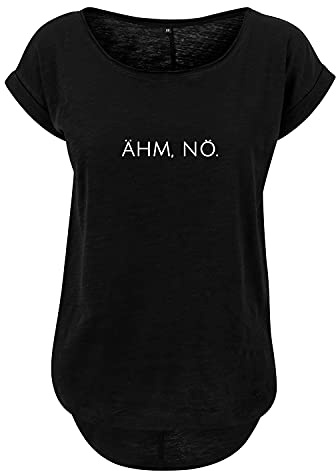 Ähm nö Premium Damen Shirt Leichter Oversize Sprüche Frauen Tshirt Vokuhila Locker Sommer schwarz weiß Hinterer Schnitt länger