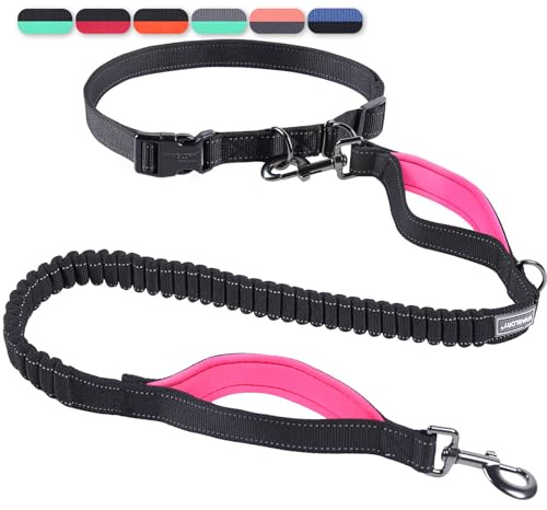 VIVAGLORY Joggingleine Hunde Bungee Hundeleine Joggen, M, Schwarz/Pink1 | Laufleine für Hunde Freihandleine mit Bauchgurt & Gepolstertem Griff für Joggen, Bungee Reflektierend Joggingleine Laufleine