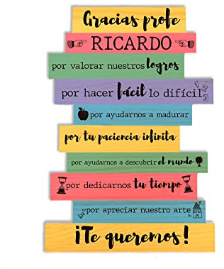 Made in Gift Cartel de Madera Grande Personalizado con Nombre, Impresión a Color y Dedicatoria de Gracias Profe para Maestros con Frases y Dibujos de Fin de Curso