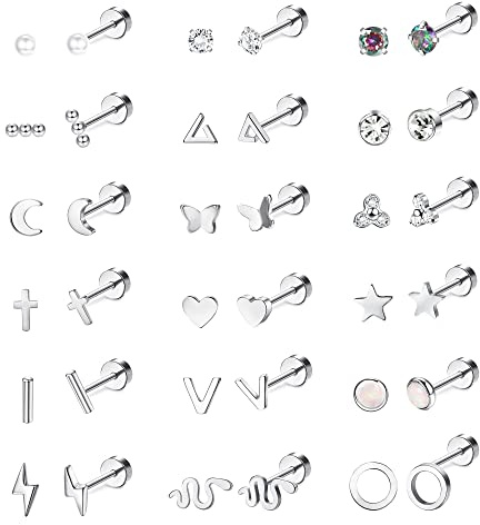 JeryWe 18 Pares Flat Back Stud Pendientes para Mujeres 18G Acero Inoxidable Pequeño Cartílago Studs Pendientes Estrella Lunar CZ Bola Disco Ópalo Helix Tragus Tornillo Piercing Set Plata