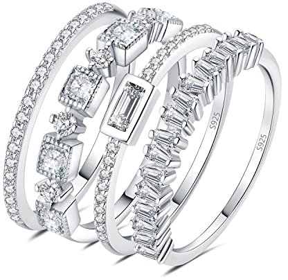 JewelryPalace Vintage Prinzessschliff Zirkonia Band Ring Damen, Hochzeitsringe Silber 925 Trauringe Eheringe für Frauen, Vorsteckring Stapelring Eternity Ring Bandring Schmal, Ringe Set Schmuck 57
