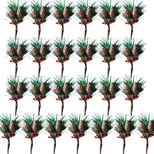 ZOOMPIL Pino di Natale Piccole Bacche Finte, Mini aghi di pino natalizio, Picks Artificiali in Pino con Bacche Rosse Natalizie e Pigne per Natale Feste Mini Decorazioni Natalizie