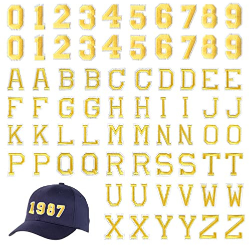 TSHAOUN 72 Stück Patches Zum Aufbügeln Buchstaben Zahlen Flicken Zum Aufbügeln Bügelflicken Aufnäher Buchstaben A-Z Zahlen 0-9 für Kleidung, Hüte, Jeans, Rucksäcke, DIY-Kreationen (Gold)