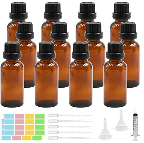 Episkey 12 Stück Braunglasflasche 30ml, Tropfflasche aus Glas Braune Apothekerflasche Set inkl. kleine Glasflaschen Tropfer Trichter Spritze und Etikett (Braun, 30ml)