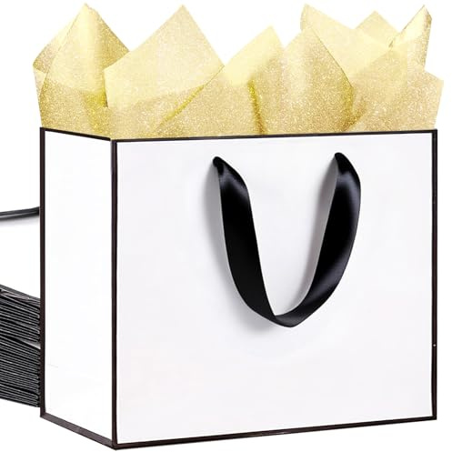 SHIPKEY Lote de 12 Bolsas Regalo Blancas Premium con Refuerzo - Bolsas Grandes de Lujo de Kraft con Asas de Algodón (32 x 11,5 x 28 cm) - Envase Elegante para Fiestas, Bodas y Comercio Minorista