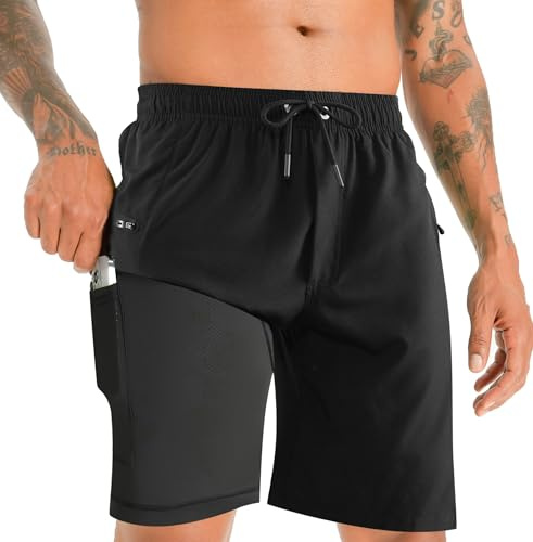 APTRO Herren Badehose Lang mit Kompression Liner Schnelltrocknend Badeshorts Schwimmhose 2 in 1 Badehosen mit Reißverschlusstasche Innenhose Surfen Strandhose Schwarz MK287 L