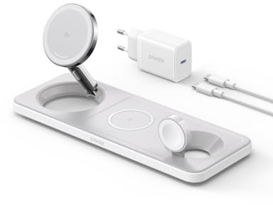 Anker Caricatore Wireless iPhone 15W Stazione di Ricarica 3-in-1 Pieghevole, Caricatore Ultra-Rapido Certificato Qi2, Ideale per Serie iPhone 16, AirPods, Apple Watch(Caricatore e Cavo USB-C Inclusi)