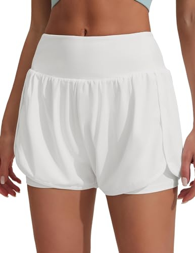 PINSPARK Sport Shorts Damen High Waist 2 in 1 mit Tasche Weiß S