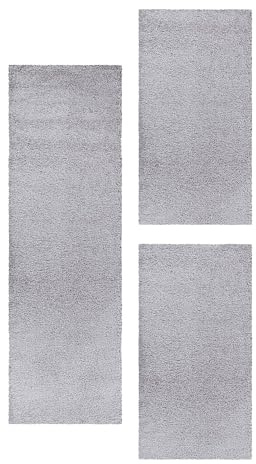 Carpetsale24 Bettumrandung Schlafzimmer 3 teilig Shaggy Hochflor Teppich Hellgrau Bettvorleger Schlafzimmer Bettset: 2 St. 60x110 cm | 1 St. 80x150 cm - Teppich Läufer Set Einfarbig Design