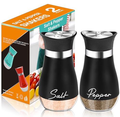 Salt and Pepper Shakers Set - 120ml with Clear Glass Bottom Salt Pepper Shaker, with Stainless Steel Lid Salt Shaker, Refillable Spice Dispenser for Home Kitchen Cooking Camping BBQ - Black