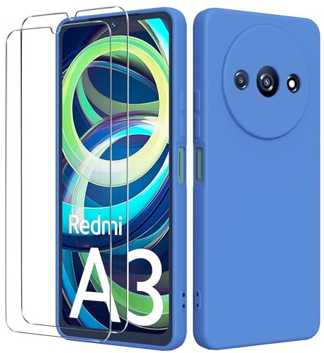 binandteam Funda para Xiaomi Redmi A3 4G con 2 Protector de Pantalla,Ultra Slim Protectora Carcasa de Silicona Líquida TPU Anti-Choque Suave Case Cover - Azul