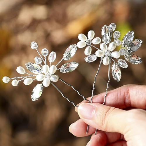 Handcess Braut Hochzeits Haarnadeln Silber Strass Haarspangen Kristall Kopfschmuck Perlen Braut Haarschmuck für Frauen und Mädchen (2 Stück)