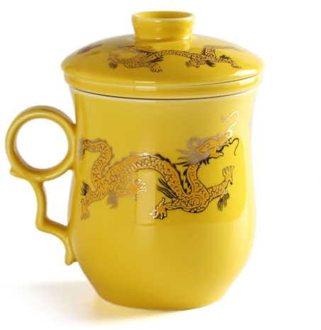 Porcelain Tea Infuser Mug with Lid - 300ml /0.08gal Ceramic Tea Cup Hand Made on Loose Leaf Tea Mug - Golden Chinese Dragon Pattern (Yellow Golden Dragon Patten)