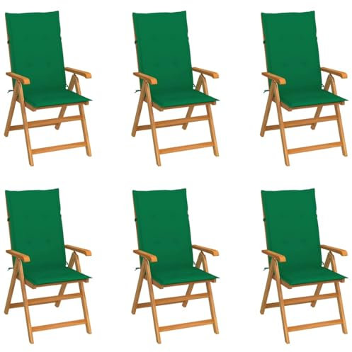 Gecheer 6 STK. Gartenstühle mit Grünen Kissen Klappsesseln Armlehnstühle Balkonstühle Gartenstuhl Campingstuhl Klappstuhl Gartenmöbel Holzstuhl für Balkon Garten Terrasse, Massivholz Teak