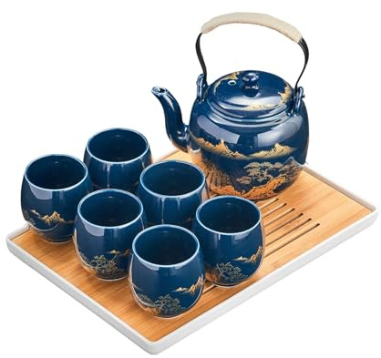 YoeEoay Chinesisches Blaues Keramik Teeservice Set Mit Goldenen Landschaftsmotiven, 1 Teekanne Mit Filter, 6 Teetassen, 1 Bambus-Teetablett, Porzellan Teeset In Geschenkbox, Perfekt Für Teeliebhaber