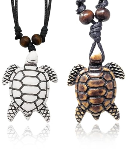 GNHG 2 Stücke Meeresschildkröte-Anhänger-Halsketten，Mädchen-Jungen-Halsketten, Anhänger-Halsketten, Meeresschildkröte kette，Frauen Halskette,Surferkette Herren(Weiß Und Braun)