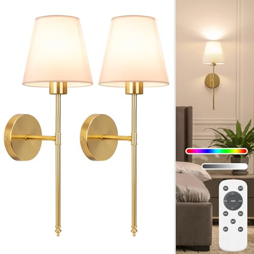 NIORSUN 19.9 inch Battery Operated Wall Light, Gold Rechargeable Wall Lights Indoor with 5200mAh Dimmable Detachable Bulbs and Remote, 9 Colours Wall Lights for Bedroom Living Room Hallway