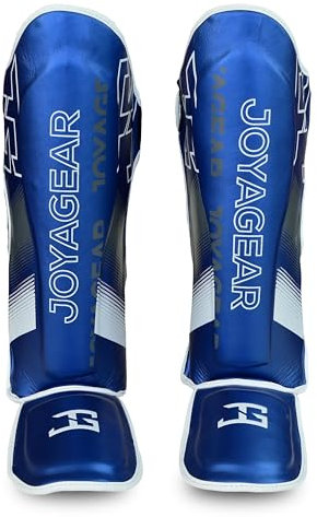 JOYAGEAR Schienbeinschoner Kickboxen - Evolution - Blau & Weiß - Größe S - Kampfsport Sparring Schienbeinschutz - Beinschutz Kickboxen Schienbeinschützer - Hergestellt aus thailändischem Mikrofaser