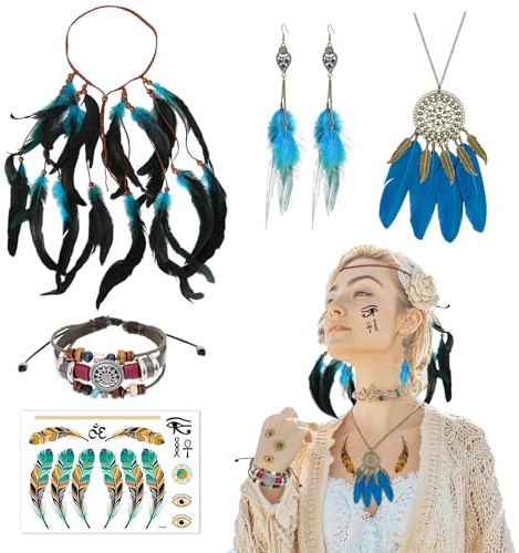 Henjunu Indianer Kopf Schmuck Set,Indianer Kostüm Damen,Feder Haarschmuck,Boho Haarschmuck,Indian Boho Karneval Accessoires,Stammes-Schmuck für Frauen Karneval Cosplay Tribal Kostüm Party