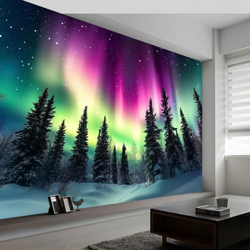 Vlies Fototapete 3D Effekt 200 x 140 cm Wandbild Schlafzimmer Wohnzimmer Wand Dekoration Natur Nordlichter Motivtapeten Poster tapete Bunt Fototapete für Kinderzimmer Büro