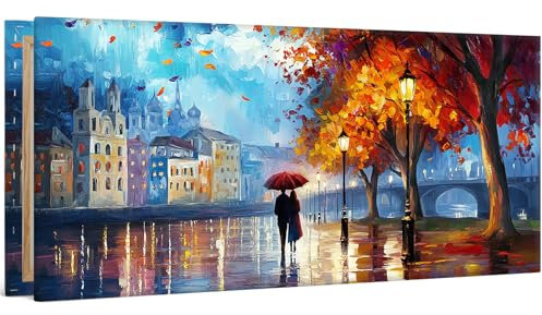 WENGTIAO Stampa su Tela Città sul Fiume di Notte Con Cornice Grande Quadro su Tela Coppia con Ombrello Sotto la Luce Della Strada Quadri Moderni Soggiorno Camera da Letto Decorativo Parete 120x50 cm