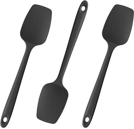 oosu Silicone Spoon Spatula Spoonula, 315℃ Heat Resistant, 3 Pc, Black | Food Grade Rubber Bowl Scraper, High Temp Safe, Flexible Kitchen Utensil, Non-Scratch Seamless for Serving Folding Stirring