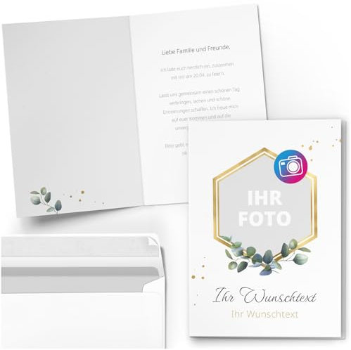 10 PERSONALISIERTE Grußkarten Party Geburtstag Einladung Danke Karten mit eigenem Text und Foto - Individuell anpassbare Karte Klappkarte mit Umschlag 01