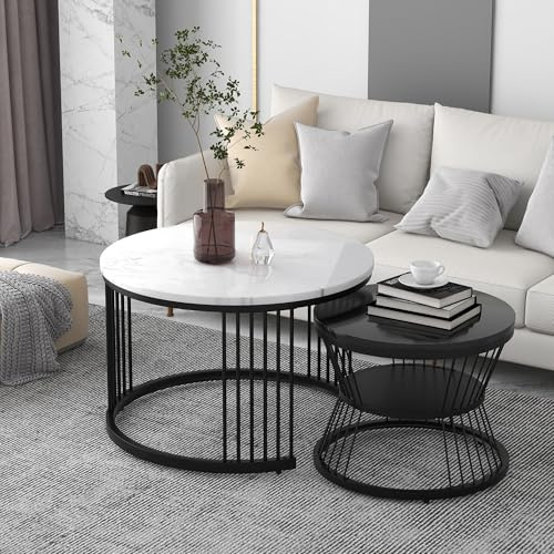 Merax Rund Nesting Couchtisch Set mit Stauraum, 2-in-1 Hochglanz Nesting Sofa Beistelltisch Satztisch 2er Modern Wohnzimmertisch, Marmor Furnier, Metallgestell, Weiß+Schwarz+Schwarz